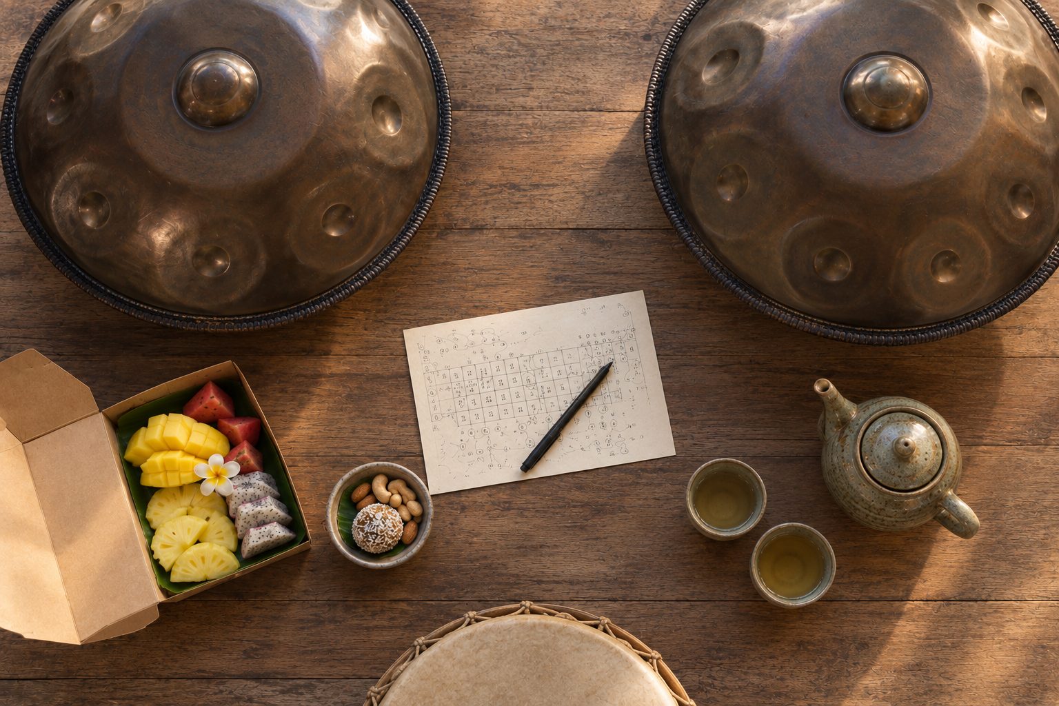 Two handpans, a handwritten tab card, tea and a snack box laid out on a wooden table