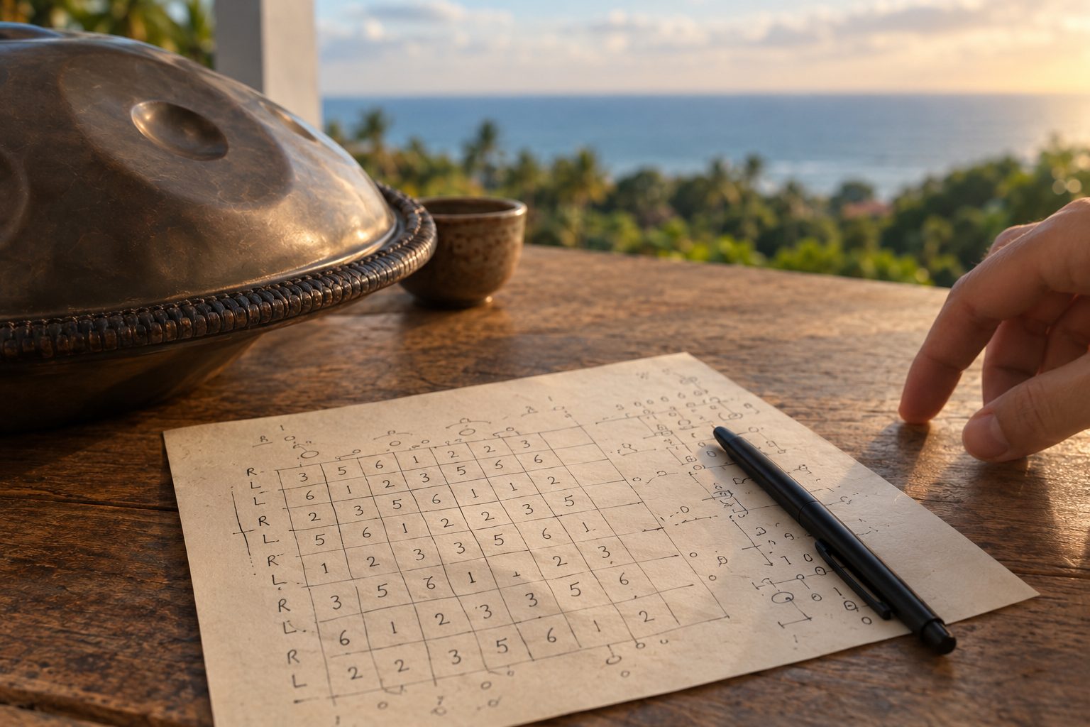 A handpan tab card filled in by hand, with a pen, beside a handpan above the sea