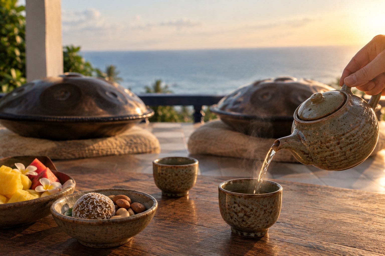 Tea poured on the terrace, two handpans waiting with the sea behind