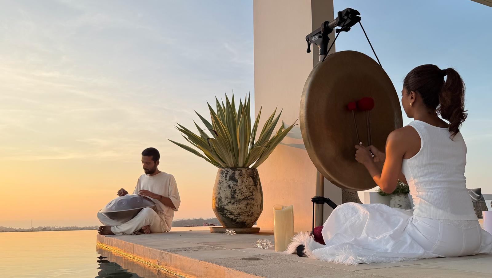 Gong and handpan played live during a sound bath in Koh Samui