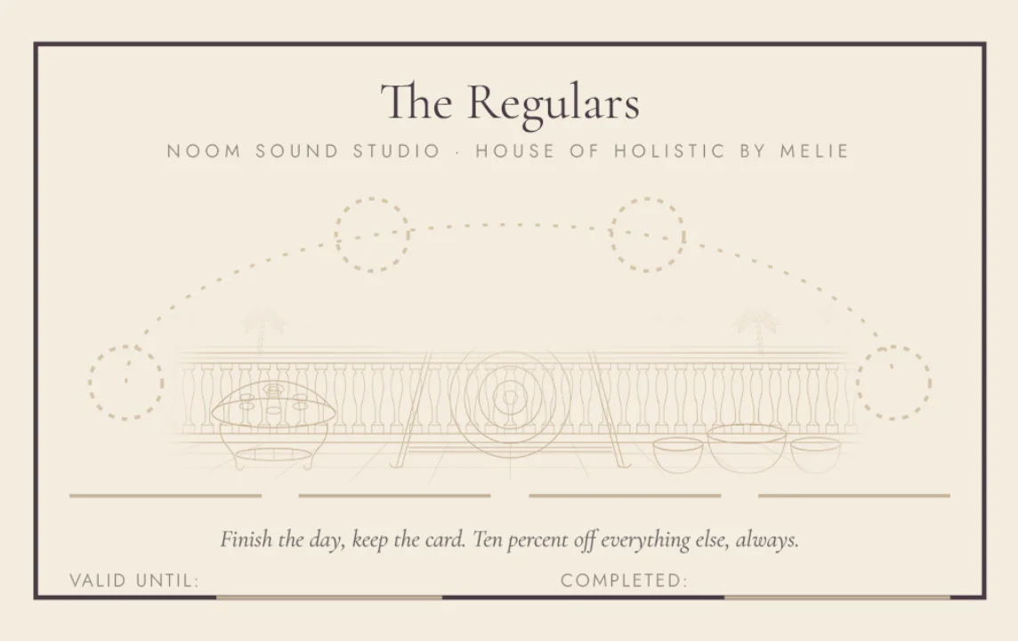 The Regulars pass card: four empty circles along an arc above the terrace, with a line for a date under each.