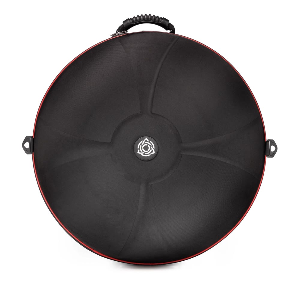Round black hard case with a carry handle and red trim