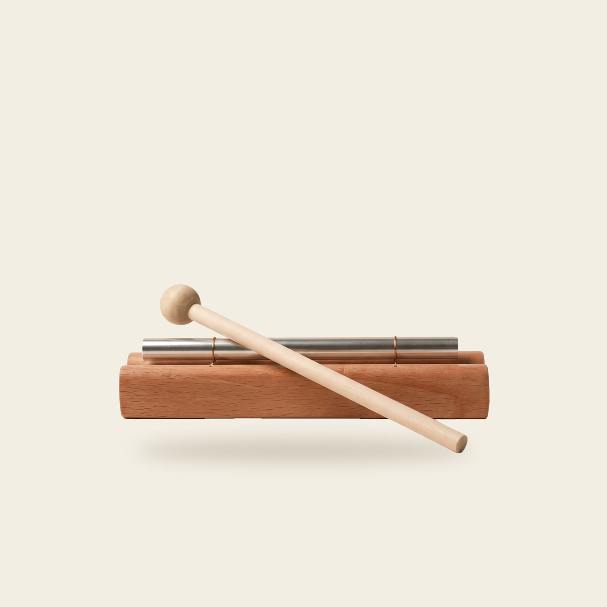 Single tone chime, a steel bar on a wooden base with a wooden mallet